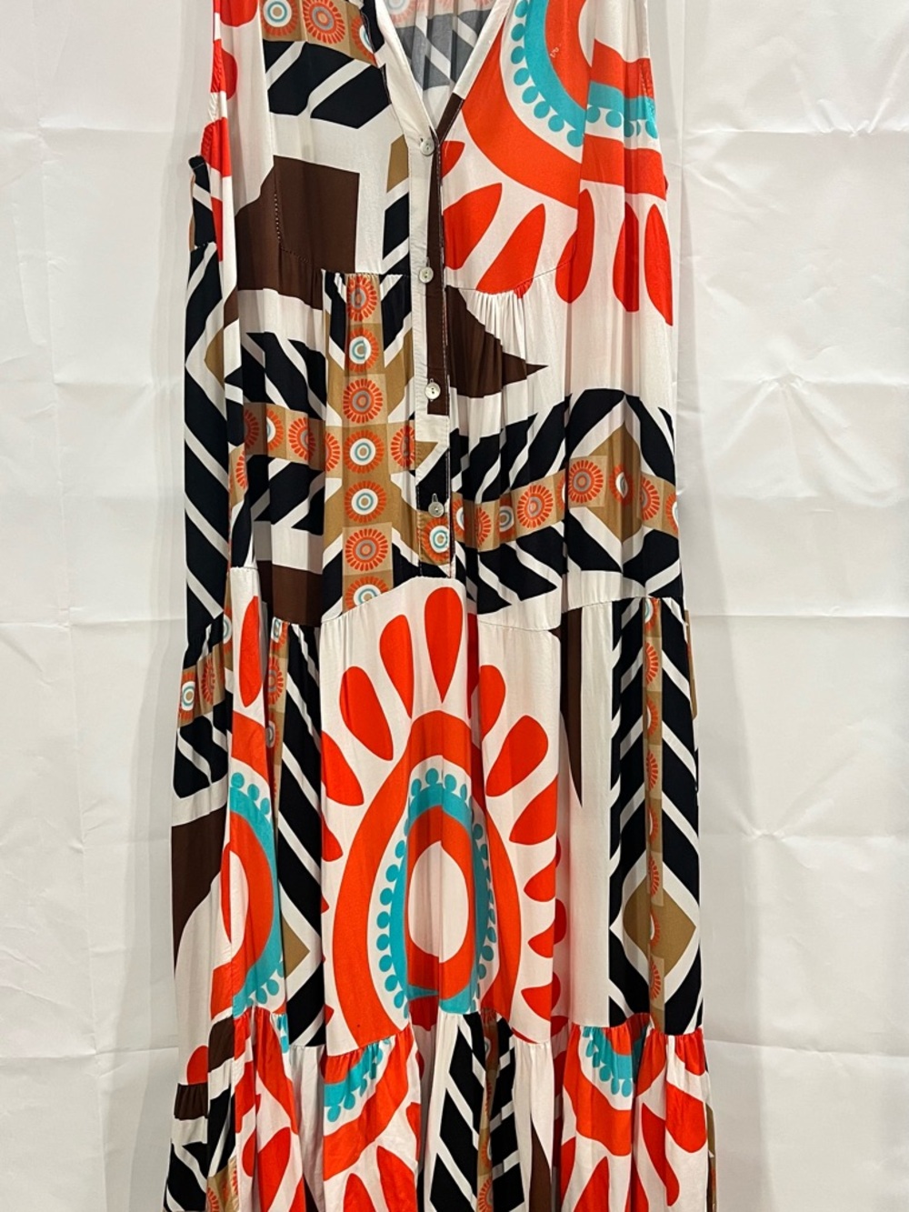 Sleeveless Italian Maxi Dress Geometric Button Front 100% Viscose M/L Boho-chic